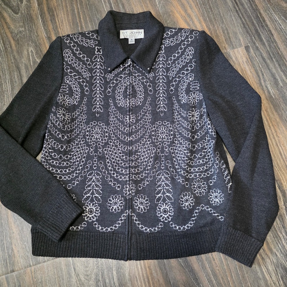 St John Collection Marie Gray Gray Metallic‎ Floral Zip Cardigan Sweater Size 8